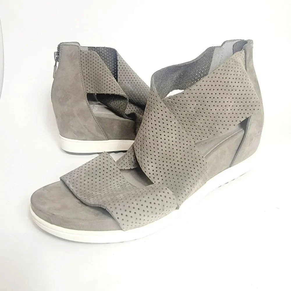 EILEEN FISHER Suede Perforated Sport Platform Sandal In Platinum Gray Size 8.5